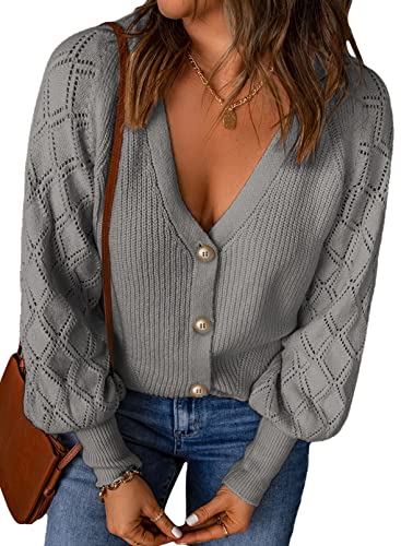 Dokotoo Strickjacke Damen V-Ausschnitt Cardigan Elegant Einfarbig Kurz Strickmantel Pullover Herbst Winter Strickpullover Outwear mit Knopf, grau, XXL von Dokotoo