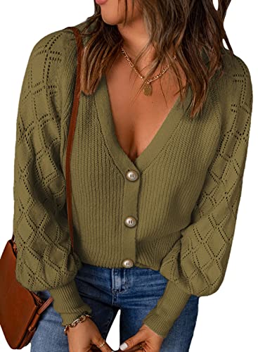 Dokotoo Strickjacke Damen V-Ausschnitt Cardigan Elegant Einfarbig Kurz Strickmantel Pullover Herbst Winter Strickpullover Pulli mit Knopf, grün, S von Dokotoo