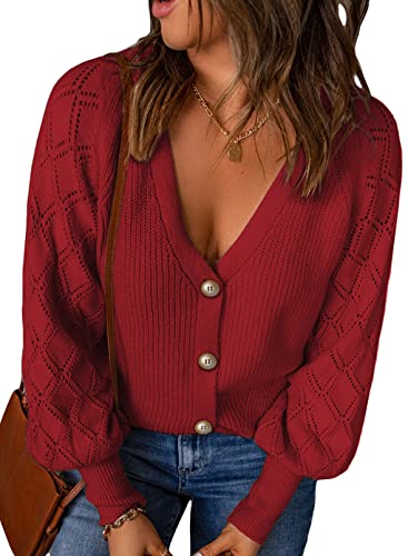 Dokotoo Strickjacke Damen V-Ausschnitt Cardigan Elegant Einfarbig Kurz Strickmantel Pullover Herbst Winter Strickpullover Übergangsjacke, rot, L von Dokotoo