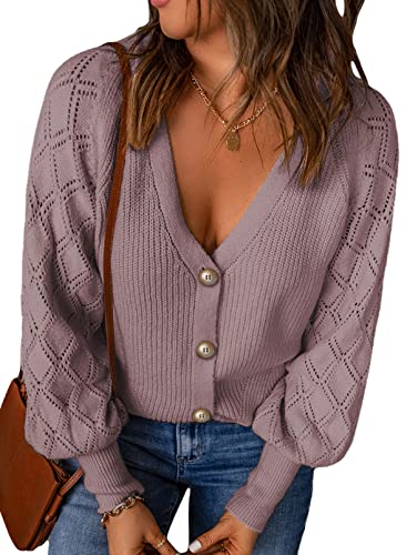 Dokotoo Strickjacke Damen V-Ausschnitt Cardigan Elegant Einfarbig Kurz Strickmantel Pullover Herbst Winterjacke Strickpullover Jacke mit Knopf, violett, L von Dokotoo