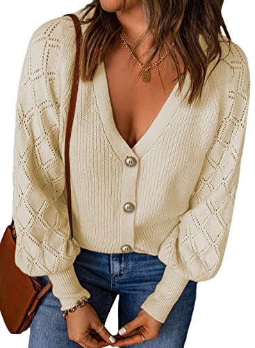 Dokotoo Strickjacke Damen V-Ausschnitt Cardigan Elegant Solid Kurz Strickmantel Pullover Herbst Winter Strickpullover Jacke mit Knopf, Aprikose, M von Dokotoo