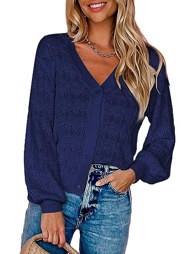 Dokotoo Strickjacke Damen V-Ausschnitt Kurzer Cardigan Elegant Langarm Leichter Strickpullover mit Knopf, blau, M von Dokotoo