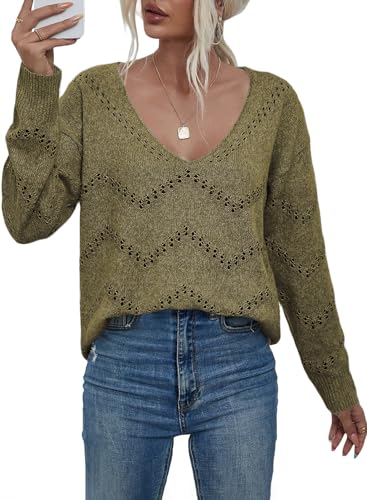 Dokotoo Strickpullover Damen Langarmshirt Pullover Casual V-Ausschnitt Langarm Lose Oberteile Shirt Pulli, grün, XXL von Dokotoo