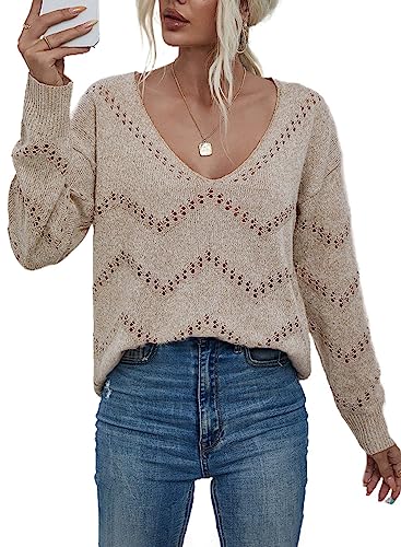 Dokotoo Strickpullover Damen Langarmshirt Pullover Elegant V-Ausschnitt Langarm Oberteile Shirt Pulli für Herbst Winter, Khaki, L von Dokotoo