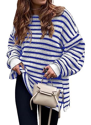 Dokotoo Strickpullover Damen Pullover Winter Rundhals Langarm Sweater Lässig Gestreift Pulli Strick Winterpullover Blau 2XL von Dokotoo