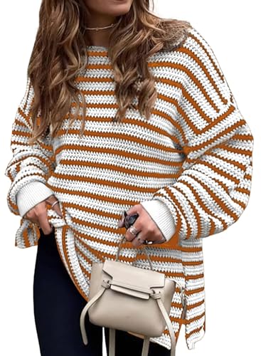 Dokotoo Strickpullover Damen Pullover Winter Rundhals Langarm Sweater Lässig Gestreift Pulli Strick Winterpullover Orange S von Dokotoo