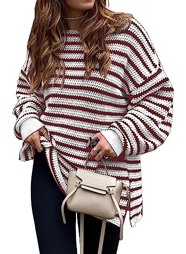 Dokotoo Strickpullover Damen Pullover Winter Rundhals Langarm Sweater Lässig Gestreift Pulli Strick Winterpullover Rot 2XL von Dokotoo