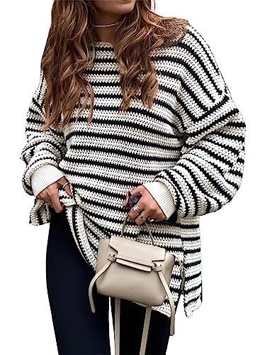 Dokotoo Strickpullover Damen Pullover Winter Rundhals Langarm Sweater Lässig Gestreift Pulli Strick Winterpullover Weiß 2XL von Dokotoo