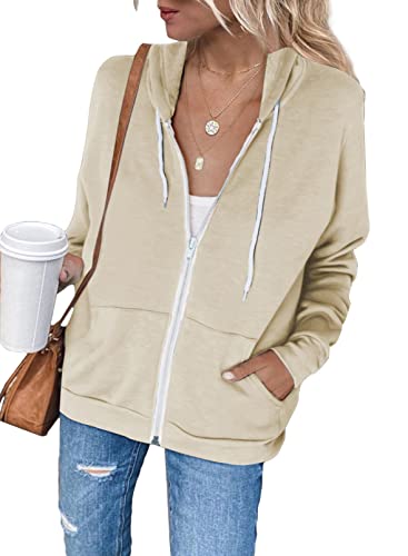 Dokotoo Sweatjacke Damen Hoodie Kapuzenpullover Khaki Reissverschluss Sweatshirt Jacke Casual Langarm Übergangsjacke Kapuzenjacke Large von Dokotoo