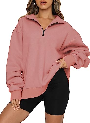 Dokotoo Sweatshirt Damen Basic Reißverschluss Langarmshirt Herbst Winter Fleece Pullover Loose Einfarbig Oberteile Shirt Tops, rosa, S von Dokotoo