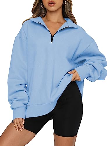 Dokotoo Sweatshirt Damen Basic Reißverschluss Pullover Einfarbig Fleece Oversized Oberteile für Herbst Winter, himmelblau, XXL von Dokotoo