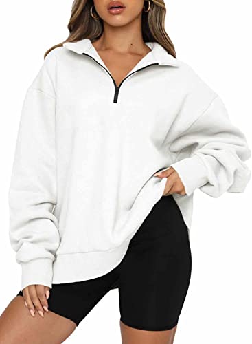 Dokotoo Sweatshirt Damen Basic Reißverschluss Pullover Einfarbig Fleece Oversized Oberteile für Herbst Winter, weiß, XXL von Dokotoo