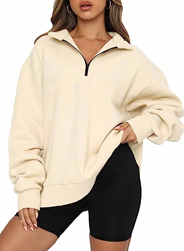 Dokotoo Sweatshirt Damen Basic Reißverschluss Pullover Einfarbig Loose Langarm Oberteile für Herbst Winter, Aprikose, XL von Dokotoo