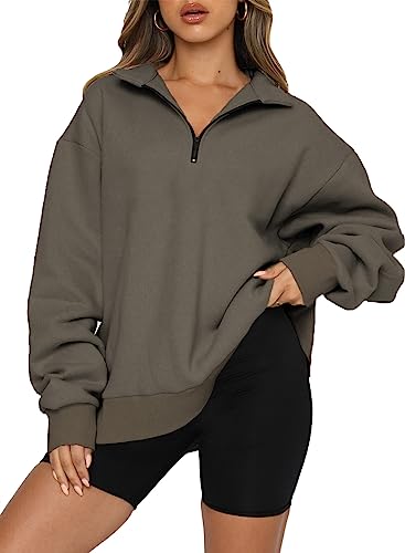 Dokotoo Sweatshirt Damen Basic Reißverschluss Pullover Einfarbig Loose Langarm Oberteile für Herbst Winter, braun, XL von Dokotoo