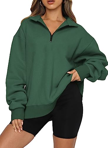 Dokotoo Sweatshirt Damen Basic Reißverschluss Pullover Einfarbig Loose Langarm Oberteile für Herbst Winter, grün, XL von Dokotoo