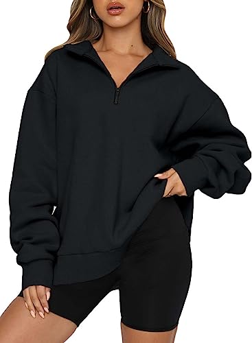 Dokotoo Sweatshirt Damen Basic Reißverschluss Pullover Einfarbig Loose Langarm Oberteile für Herbst Winter, schwarz, XL von Dokotoo