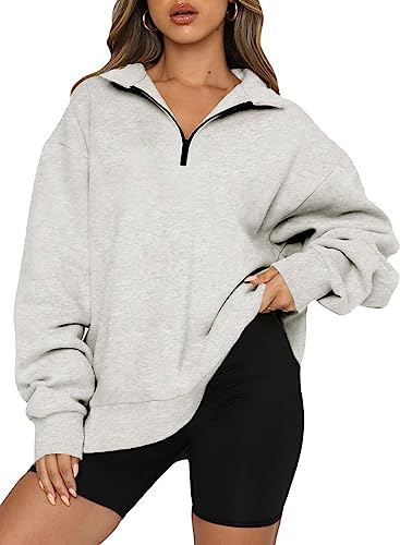 Dokotoo Sweatshirt Damen Basic Reißverschluss Pullover Loose Einfarbig Fleece Oberteile für Herbst Winter, grau, M von Dokotoo