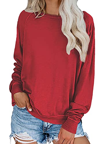 Dokotoo Sweatshirt Damen Basic Rundhals Langarmshirt Herbst Winter Pullover Casual Lose Oberteile Shirts Tops, rot, XXL von Dokotoo