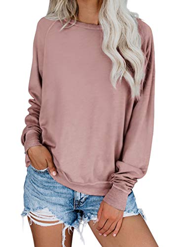 Dokotoo Sweatshirt Damen Basic Rundhals Langarmshirt Herbst Winter Pullover Rosa Casual Lose Oberteile Shirts Tops Large von Dokotoo