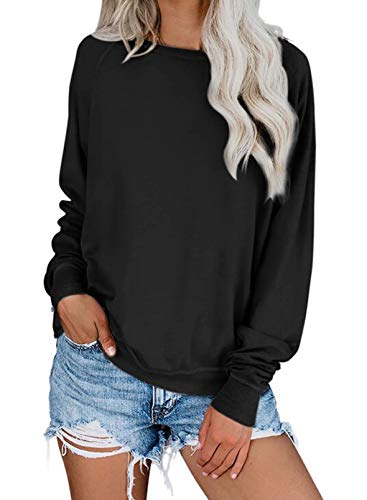 Dokotoo Sweatshirt Damen Basic Rundhals Langarmshirt Herbst Winter Pullover Schwarz Casual Lose Oberteile Shirts Tops Medium von Dokotoo