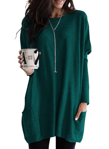 Dokotoo Sweatshirt Damen Oversized T-Shirts Langarm Oberteile Herbst Winter Langarmshirts Oversize Shirts mit Tasche Tunika Tops Lässig Sweatshirt Longshirt Einfarbig Tshirt Oberteil Grün M von Dokotoo