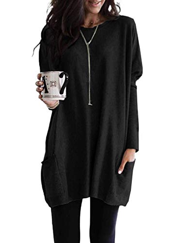 Dokotoo Sweatshirt Damen Oversized T-Shirts Langarm Oberteile Herbst Winter Langarmshirts Oversize Shirts mit Tasche Tunika Tops Lässig Sweatshirt Longshirt Einfarbig Tshirt Oberteil Schwarz M von Dokotoo