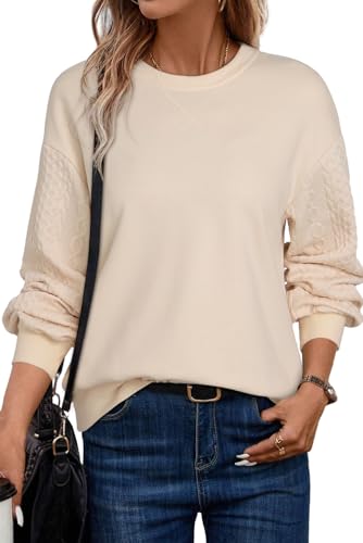 Dokotoo Sweatshirt Damen Pullover Elegant Rundhals Zopfmuster Langarm Shirts Basic Herbst Winter Oberteile Pulli Sweatshirts ohne Kapuze, Aprikose, XL von Dokotoo