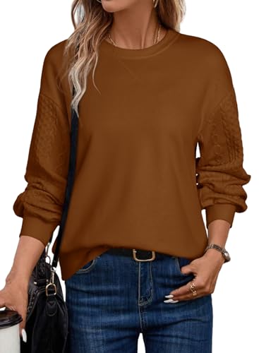 Dokotoo Sweatshirt Damen Pullover Elegant Zopfmuster Ärmel Oberteile Herbst Winter Basic Rundhals Langarmshirt Shirts Pulli, braun, M von Dokotoo
