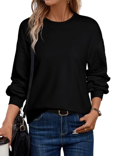 Dokotoo Sweatshirt Damen Pullover Elegant Zopfmuster Ärmel Oberteile Herbst Winter Basic Rundhals Langarmshirt Shirts Pulli, schwarz, M von Dokotoo