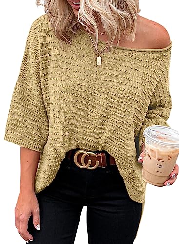 Dokotoo T Shirt Damen Oberteile Sommer Kurzarm Einfarbig Casual Locker Sweatshirt Rundhals Tops 3/4 Ärmel Schulterfrei Pullover Bluse Khaki XL von Dokotoo