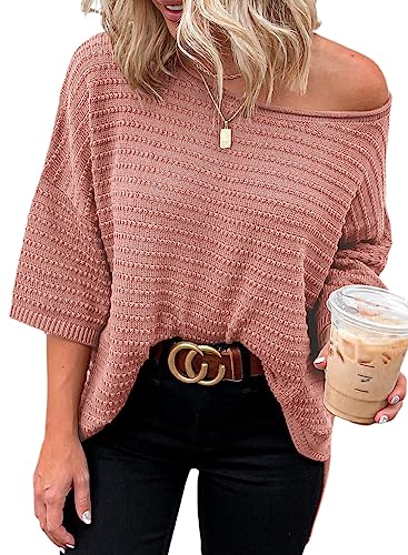 Dokotoo T Shirt Damen Oberteile Sommer Kurzarm Einfarbig Casual Locker Sweatshirt Rundhals Tops 3/4 Ärmel Schulterfrei Pullover Bluse Rosa XL von Dokotoo