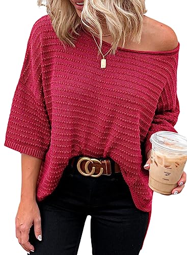 Dokotoo T Shirt Damen Oberteile Sommer Kurzarm Einfarbig Casual Locker Sweatshirt Rundhals Tops 3/4 Ärmel Schulterfrei Pullover Bluse Rose 2XL von Dokotoo