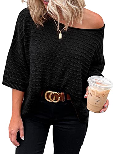 Dokotoo T Shirt Damen Oberteile Sommer Kurzarm Einfarbig Casual Locker Sweatshirt Rundhals Tops 3/4 Ärmel Schulterfrei Pullover Bluse Schwarz S von Dokotoo