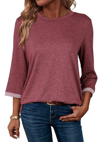 Dokotoo T-Shirt Damen Oberteile Rundhal 3/4 Ärmel Pullover Blusen Tuniken Oberteil Tshirt Frühling Herbst Locker Lässig Basic Bluse Einfarbig Tunika Tops Blusenshirt T-Shirts Rot 2XL von Dokotoo