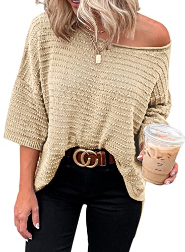 Dokotoo T Shirt Damen Oberteile Sommer Kurzarm Einfarbig Casual Locker Sweatshirt Rundhals Tops 3/4 Ärmel Schulterfrei Pullover Bluse Aprikose S von Dokotoo