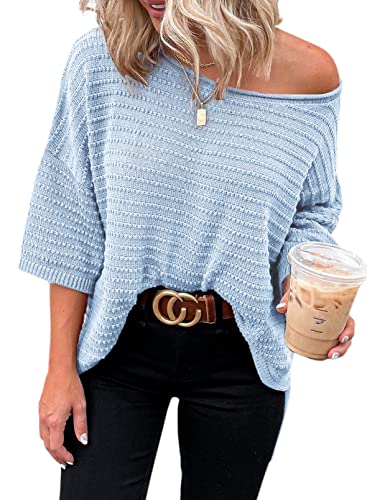 Dokotoo T Shirt Damen Oberteile Sommer Kurzarm Einfarbig Casual Locker Sweatshirt Rundhals Tops 3/4 Ärmel Schulterfrei Pullover Bluse Blau 2XL von Dokotoo