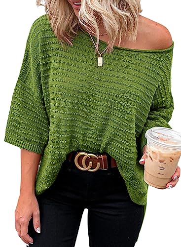 Dokotoo T Shirt Damen Oberteile Sommer Kurzarm Einfarbig Casual Locker Sweatshirt Rundhals Tops 3/4 Ärmel Schulterfrei Pullover Bluse Grün L von Dokotoo