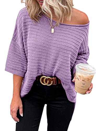 Dokotoo T Shirt Damen Oberteile Sommer Kurzarm Einfarbig Casual Locker Sweatshirt Rundhals Tops 3/4 Ärmel Schulterfrei Pullover Bluse Lila L von Dokotoo