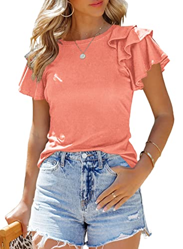 Dokotoo T-Shirt Damen Sommer Kurzarm Shirts Oberteile Rundhals Rüschen Basic Blusenshirt Tops Blusen, rosa, XXL von Dokotoo