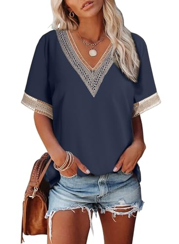 Dokotoo T Shirt Damen V Ausschnitt Sommer Kurzarm Oberteile Spitzen Aushöhlen Bluse Casual Locker Pullover Tshirt Oversize Tops Blau M von Dokotoo