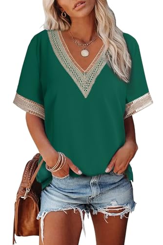 Dokotoo T Shirt Damen V Ausschnitt Sommer Kurzarm Oberteile Spitzen Aushöhlen Bluse Casual Locker Pullover Tshirt Oversize Tops Grün 2XL von Dokotoo