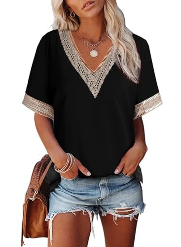 Dokotoo T Shirt Damen V Ausschnitt Sommer Kurzarm Oberteile Spitzen Aushöhlen Bluse Casual Locker Pullover Tshirt Oversize Tops Schwarz L von Dokotoo