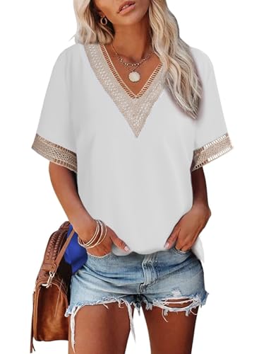 Dokotoo T Shirt Damen V Ausschnitt Sommer Kurzarm Oberteile Spitzen Aushöhlen Bluse Casual Locker Pullover Tshirt Oversize Tops Weiß L von Dokotoo