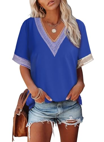 Dokotoo T Shirt Damen V Ausschnitt Sommer Kurzarm Oberteile Spitzen Aushöhlen Bluse Locker Casual Pullover Tshirt Oversize Tops Blau XL von Dokotoo