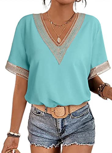 Dokotoo T Shirt Damen V Ausschnitt Sommer Kurzarm Oberteile Spitzen Aushöhlen Bluse Locker Casual Pullover Tshirt Oversize Tops Grün 2XL von Dokotoo