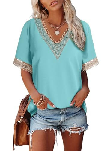 Dokotoo T Shirt Damen V Ausschnitt Sommer Kurzarm Oberteile Spitzen Aushöhlen Bluse Locker Casual Pullover Tshirt Oversize Tops Grün M von Dokotoo