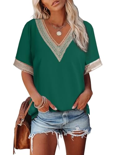 Dokotoo Bluse Damen Elegant Spitzen Oberteile Sommer Blusen Tuniken V-Ausschnitt Kurzarm Aushöhlen Spitzenbluse Locker Lässig Pullover Tops Hemdbluse Elegante Oberteil T-Shirts Grün XL von Dokotoo