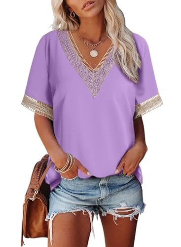 Dokotoo T Shirt Damen V Ausschnitt Sommer Kurzarm Oberteile Spitzen Aushöhlen Bluse Locker Casual Pullover Tshirt Oversize Tops Lila L von Dokotoo