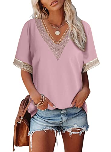 Dokotoo T Shirt Damen V Ausschnitt Sommer Kurzarm Oberteile Spitzen Aushöhlen Bluse Locker Casual Pullover Tshirt Oversize Tops Rosa 2XL von Dokotoo