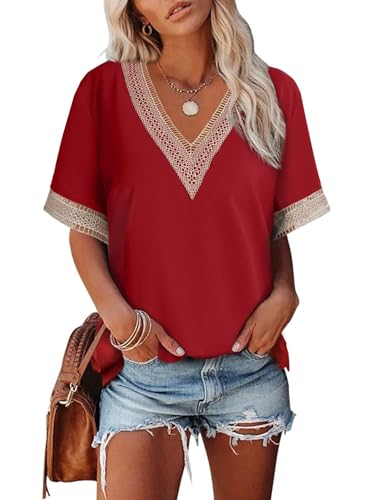 Dokotoo T Shirt Damen V Ausschnitt Sommer Kurzarm Oberteile Spitzen Aushöhlen Bluse Locker Casual Pullover Tshirt Oversize Tops Rot L von Dokotoo